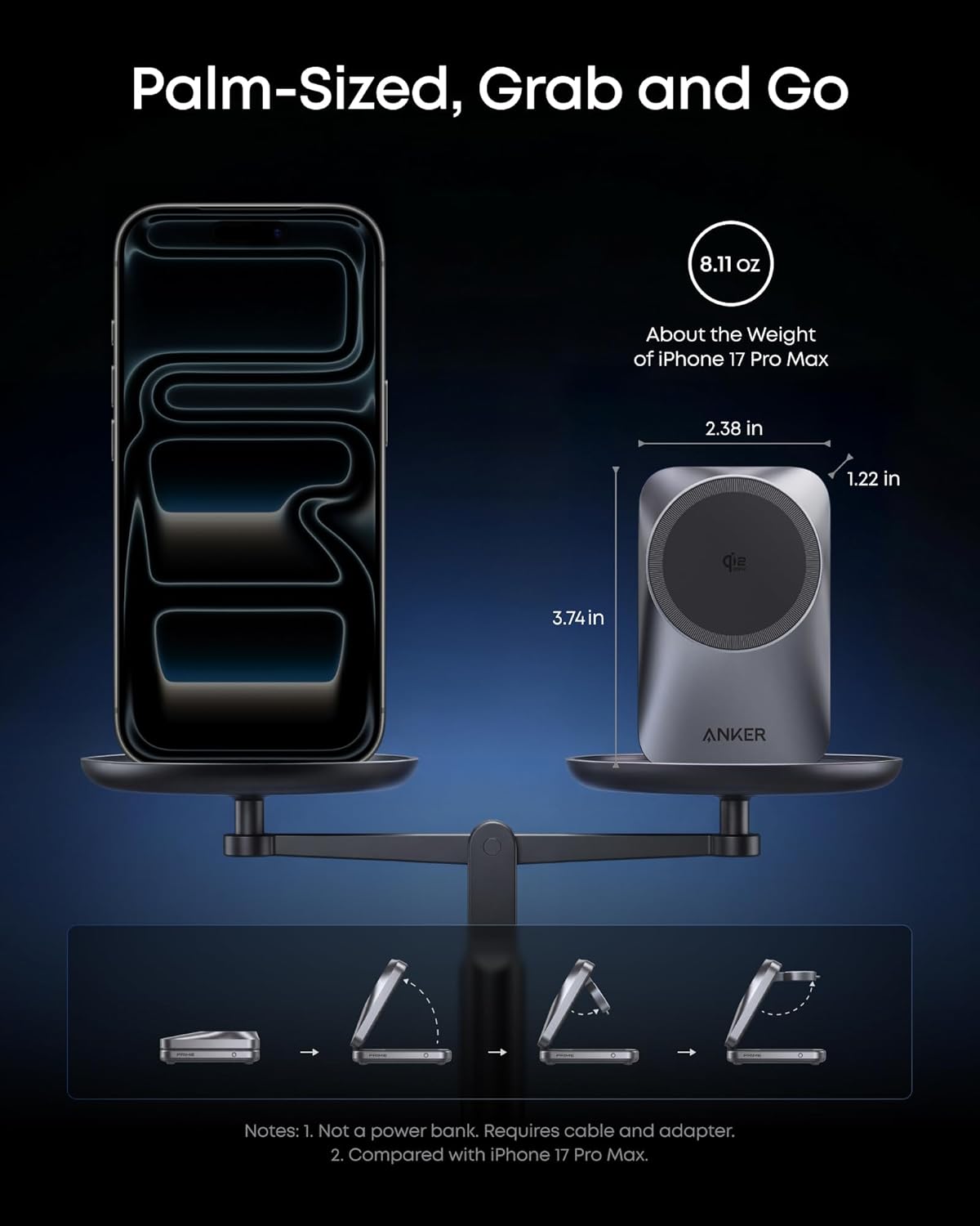 Anker Prime 3-in-1 Wireless Charging Station, MagSafe Charger Stand Compatible, Qi2 25W Certified Palm-Sized Foldable Charger for iPhone 17/16, Apple Watch, AirPods (Non-Battery, Adapter Included)