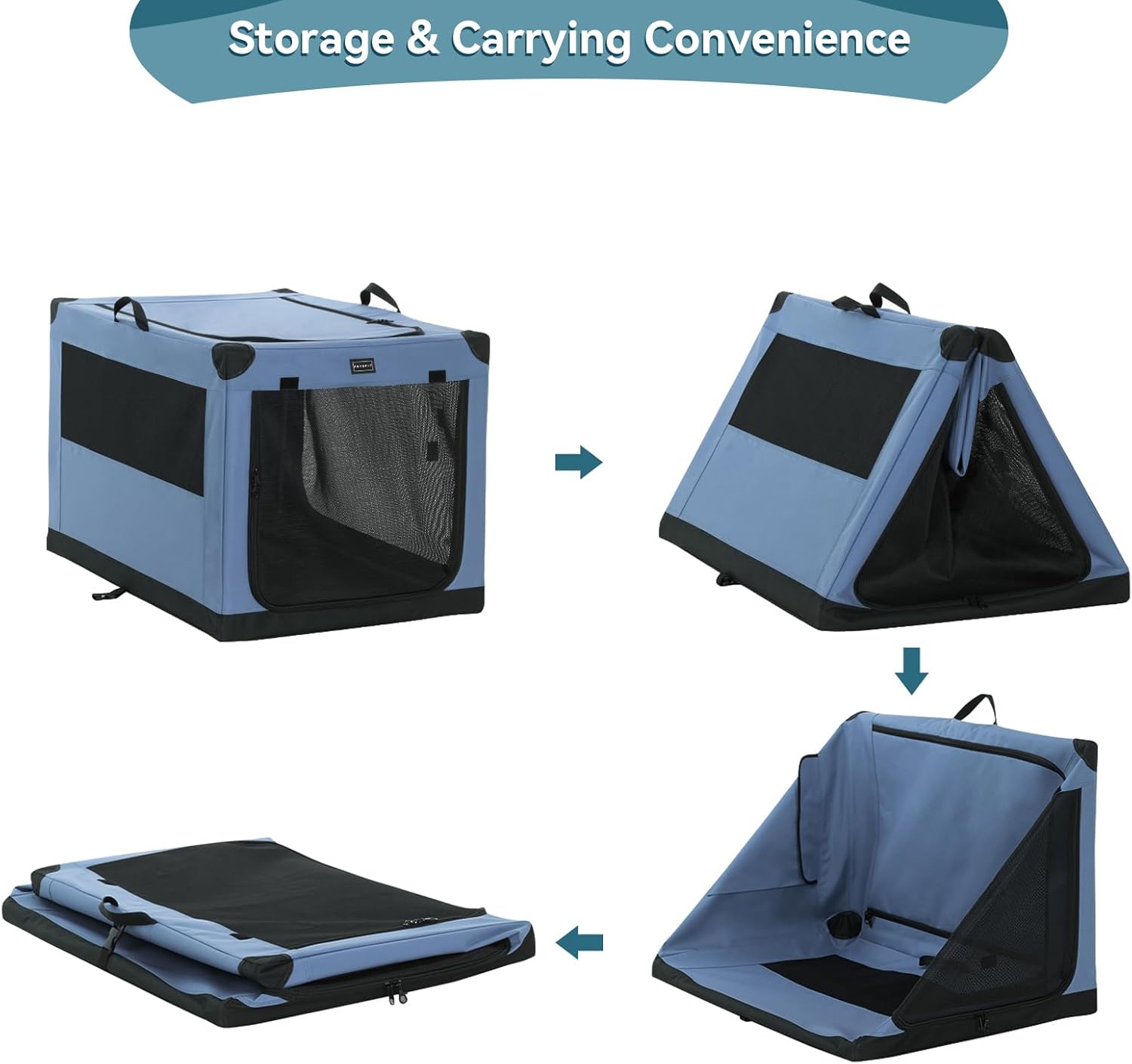 PETSFIT Soft Sided Dog Crate - 91L x 61W x 58H cm Lightweight, Easy Setup, Sturdy, Adjustable Framework with 3 Mesh Door, Collapsible Dog Kennel Blue