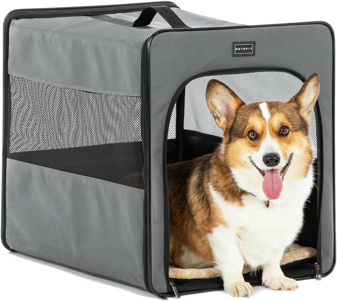 PETSFIT Collapsible Dog Crate, Soft Sided Dog Crate - 31 Inch with Thicken Mat, Easy to Fold, Sturdy and Portable, Perfect for Traveling, Dog Travel Crate Grey