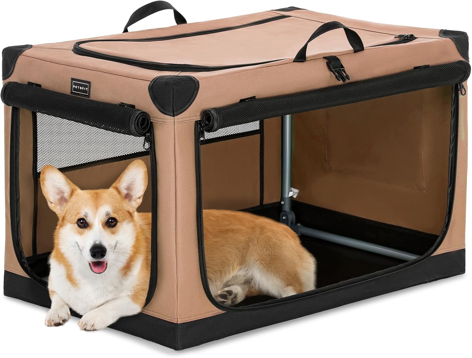 PETSFIT Soft Sided Dog Crate - 91L x 61W x 58H cm Lightweight, Easy Setup, Sturdy, Adjustable Framework with 3 Mesh Door, Collapsible Dog Kennel Blue