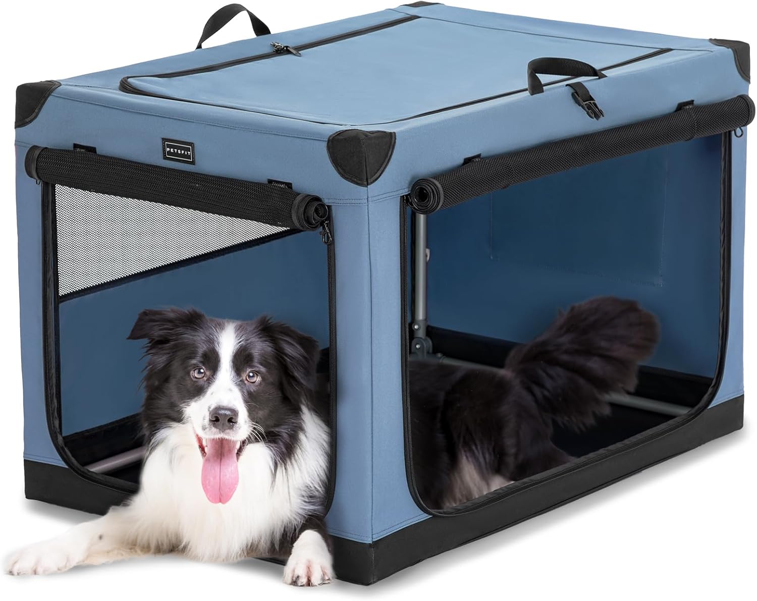 PETSFIT Soft Sided Dog Crate - 91L x 61W x 58H cm Lightweight, Easy Setup, Sturdy, Adjustable Framework with 3 Mesh Door, Collapsible Dog Kennel Blue
