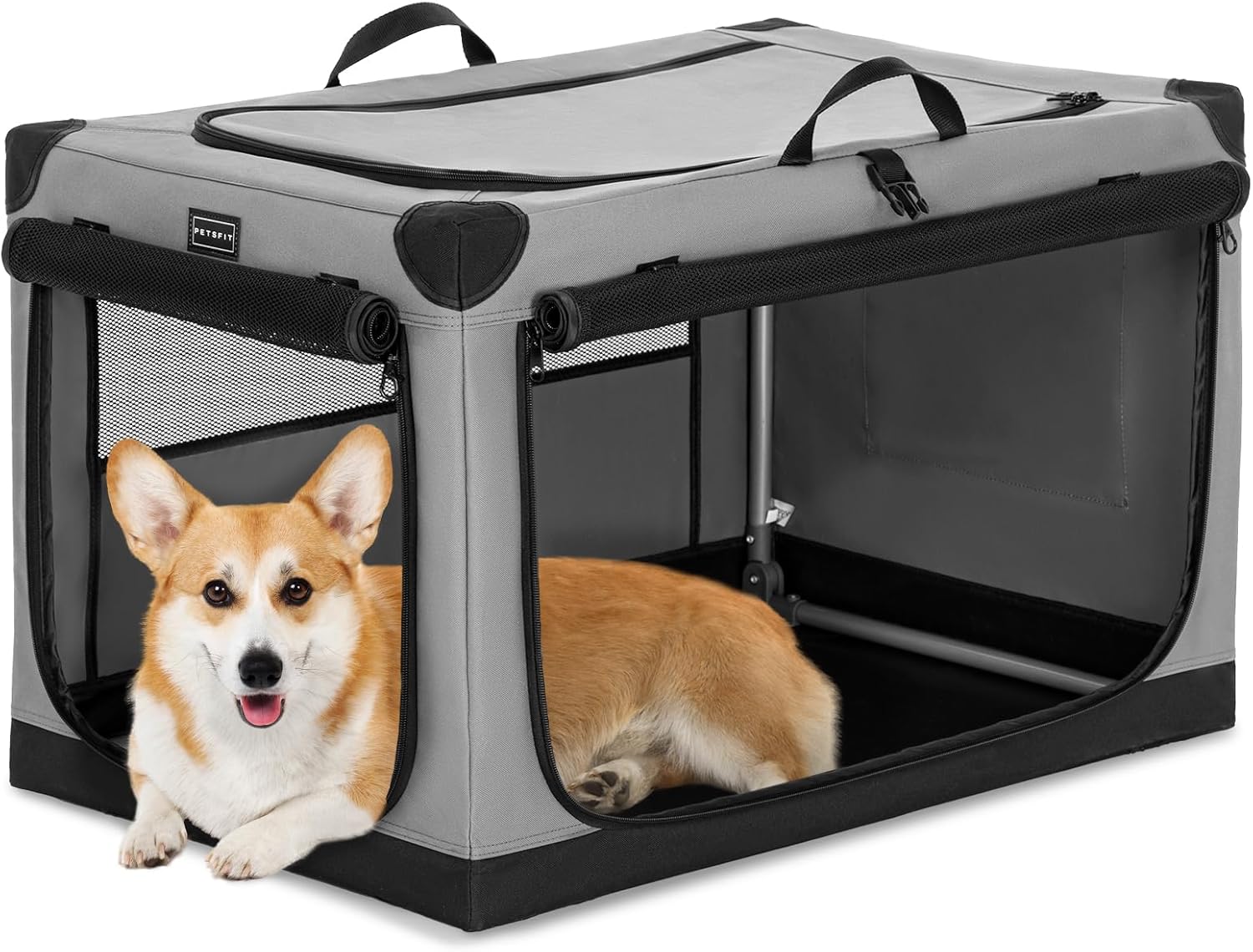 PETSFIT Soft Sided Dog Crate - 91L x 61W x 58H cm Lightweight, Easy Setup, Sturdy, Adjustable Framework with 3 Mesh Door, Collapsible Dog Kennel Blue