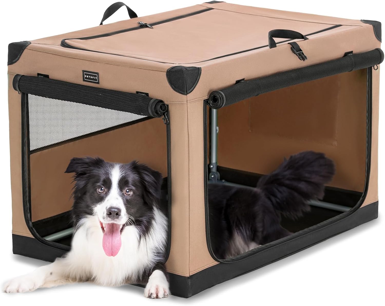 PETSFIT Soft Sided Dog Crate - 91L x 61W x 58H cm Lightweight, Easy Setup, Sturdy, Adjustable Framework with 3 Mesh Door, Collapsible Dog Kennel Blue