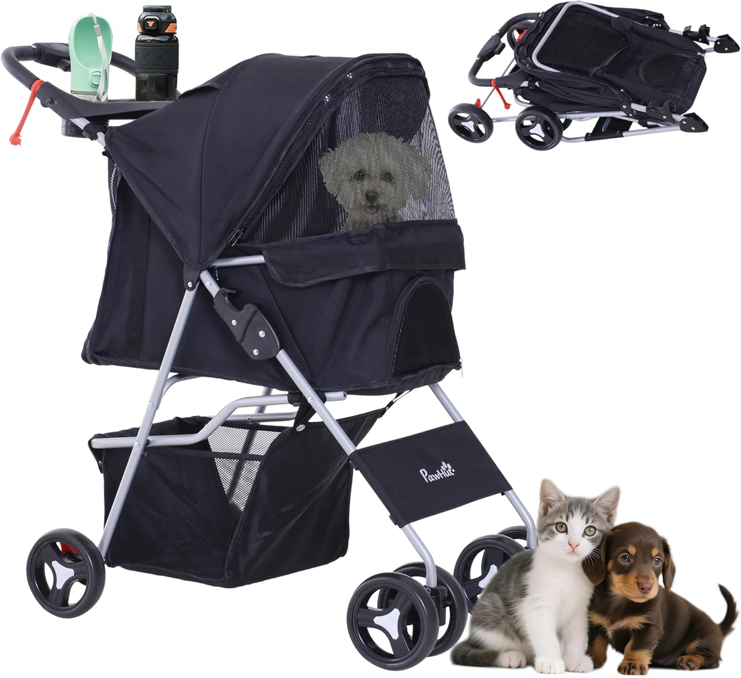 PawHut Dog Stroller, One-click Folding Pet Stroller with Cup Holder, 4 Wheels Travel Carrier w/Brakes, 360° Swiveling Front Wheels, Storage Basket, for XS/Small Dogs Cats, Grey