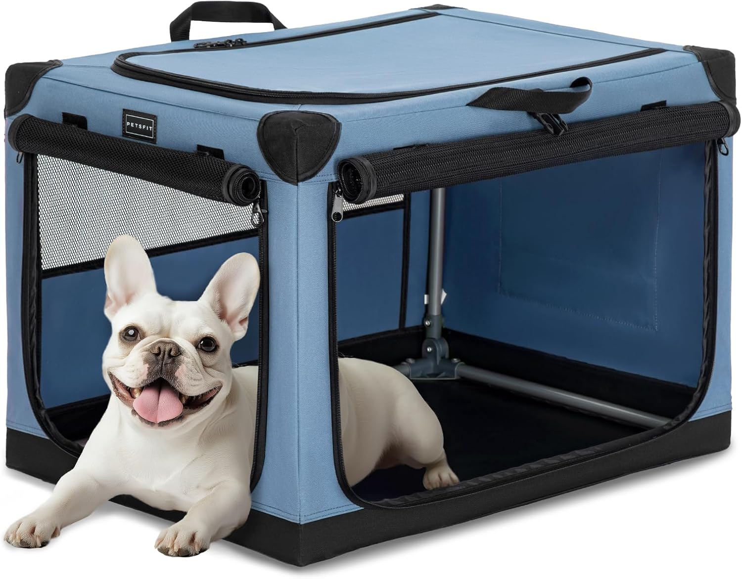 PETSFIT Soft Sided Dog Crate - 91L x 61W x 58H cm Lightweight, Easy Setup, Sturdy, Adjustable Framework with 3 Mesh Door, Collapsible Dog Kennel Blue