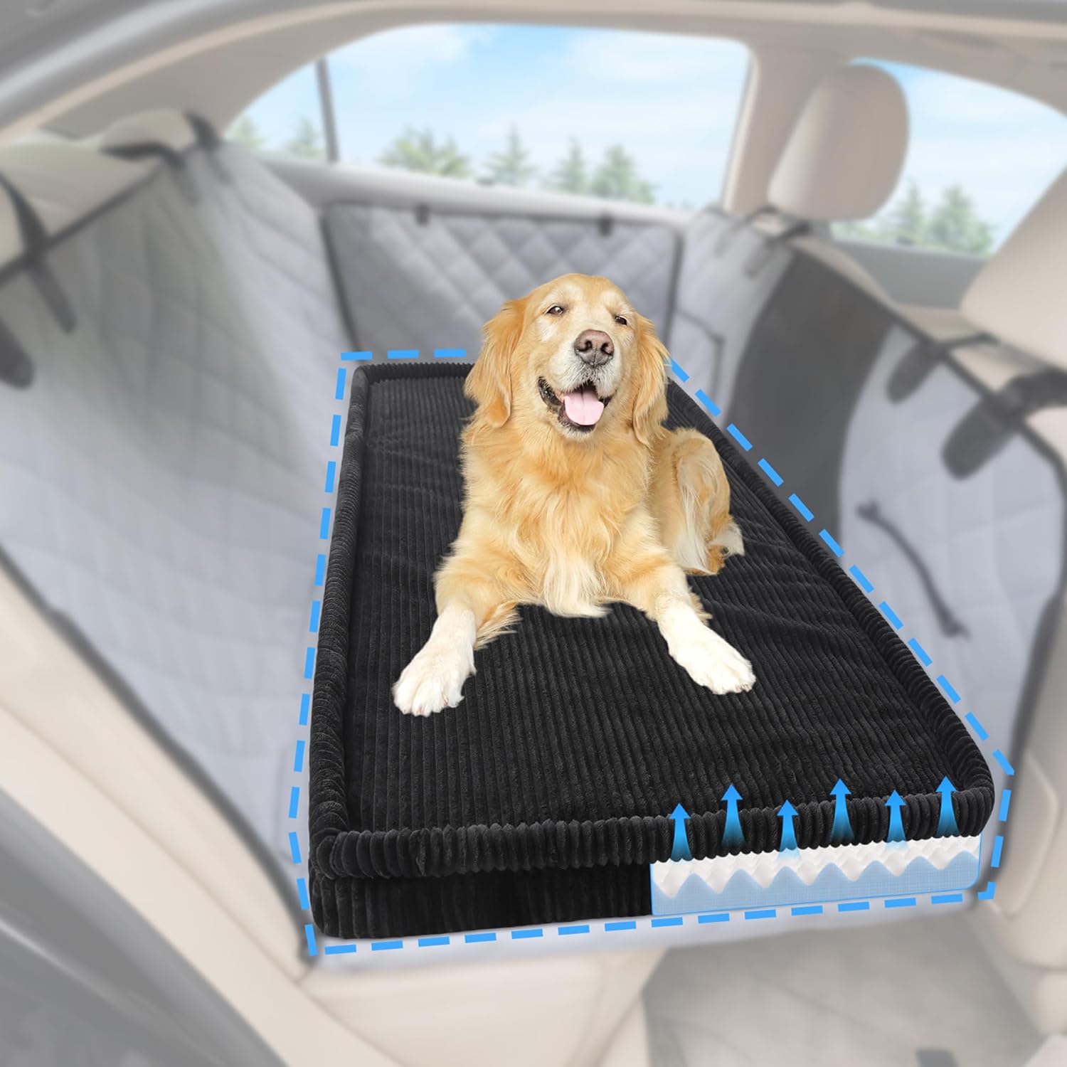 Dog Car Bed, Non-Slip Backseat Extender Pet Mat, Removable Washable Dog Bed for SUVs, Sedans & Trucks, Anti-Slip Travel Bed for Dogs, Easy Clean & Scratch-Proof & Comfort (Black, XL（56"Lx28.7"M×2"H))