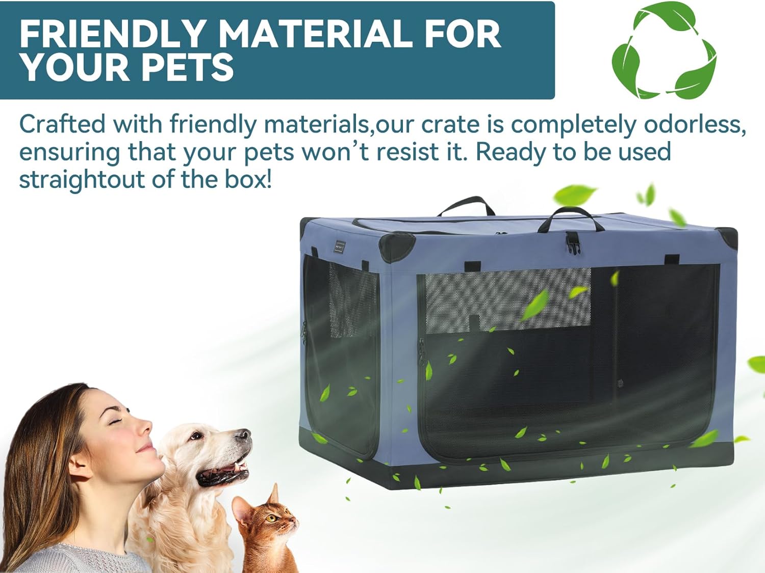 PETSFIT Soft Sided Dog Crate - 91L x 61W x 58H cm Lightweight, Easy Setup, Sturdy, Adjustable Framework with 3 Mesh Door, Collapsible Dog Kennel Blue