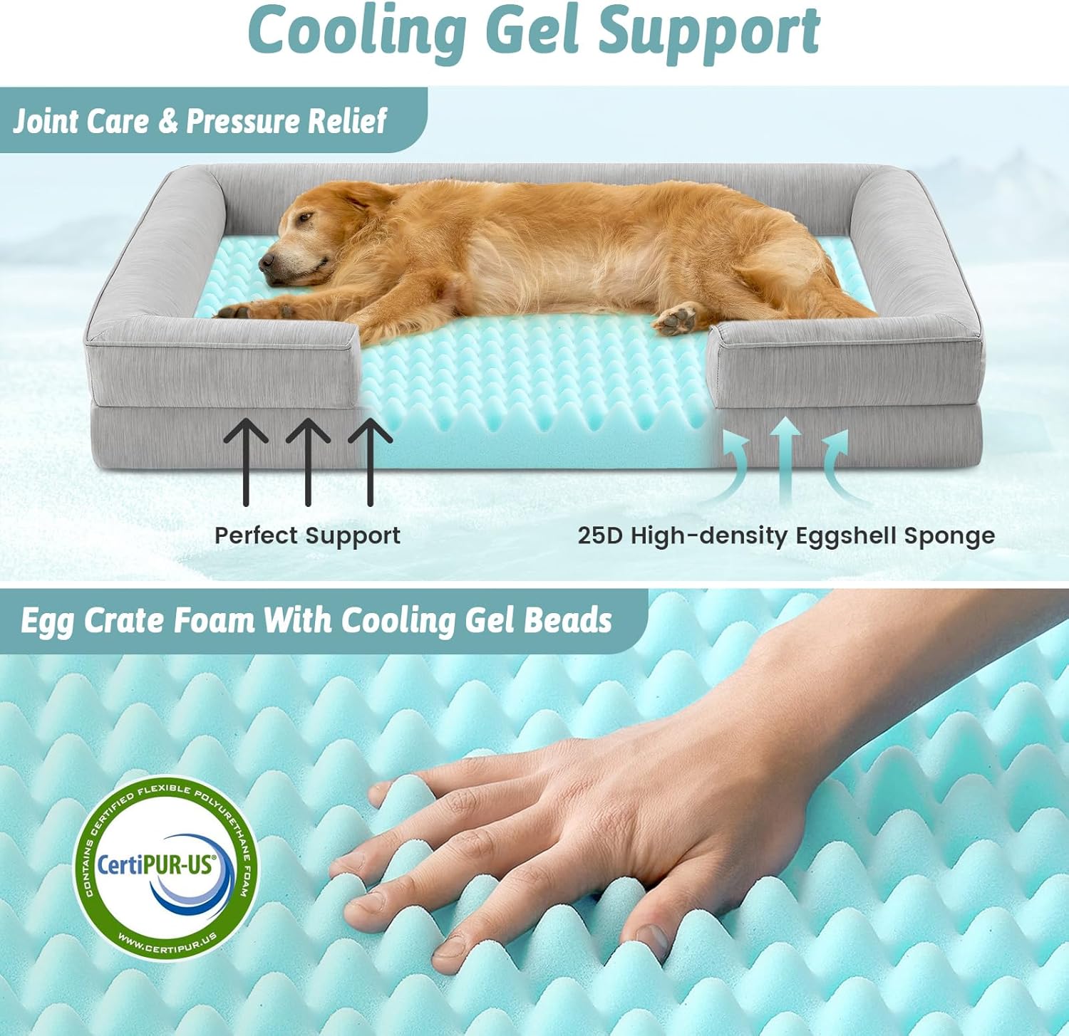 Cooling Dog Bed for Extra Large Dogs 44x32 inch, Q-Max >0.4 Summer Cool Orthopedic Foam Pet Sofa Bed with Sides, XL Size Bolster Anti-Slip Couch with Washable Removable Cover, Grey