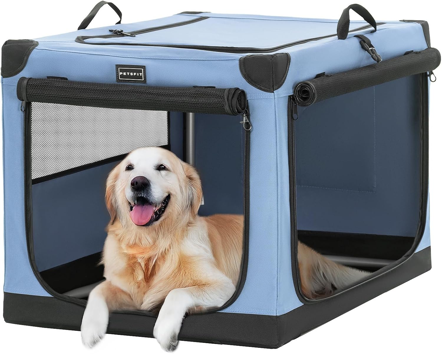 PETSFIT Soft Sided Dog Crate - 91L x 61W x 58H cm Lightweight, Easy Setup, Sturdy, Adjustable Framework with 3 Mesh Door, Collapsible Dog Kennel Blue