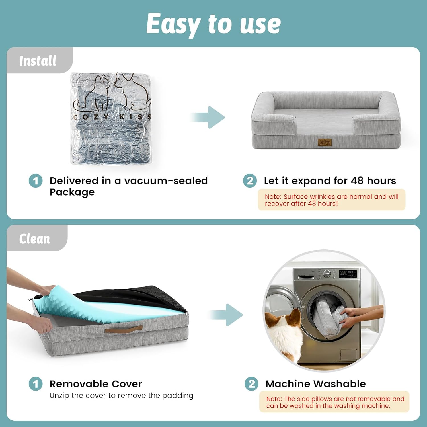 Cooling Dog Bed for Extra Large Dogs 44x32 inch, Q-Max >0.4 Summer Cool Orthopedic Foam Pet Sofa Bed with Sides, XL Size Bolster Anti-Slip Couch with Washable Removable Cover, Grey