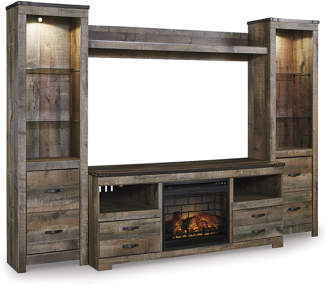 Signature Design by Ashley Entertainment Accessories Urban 4-Piece Entertainment Center for TVs up to 72" with Electric Fireplace and LED Lights, Dark Brown