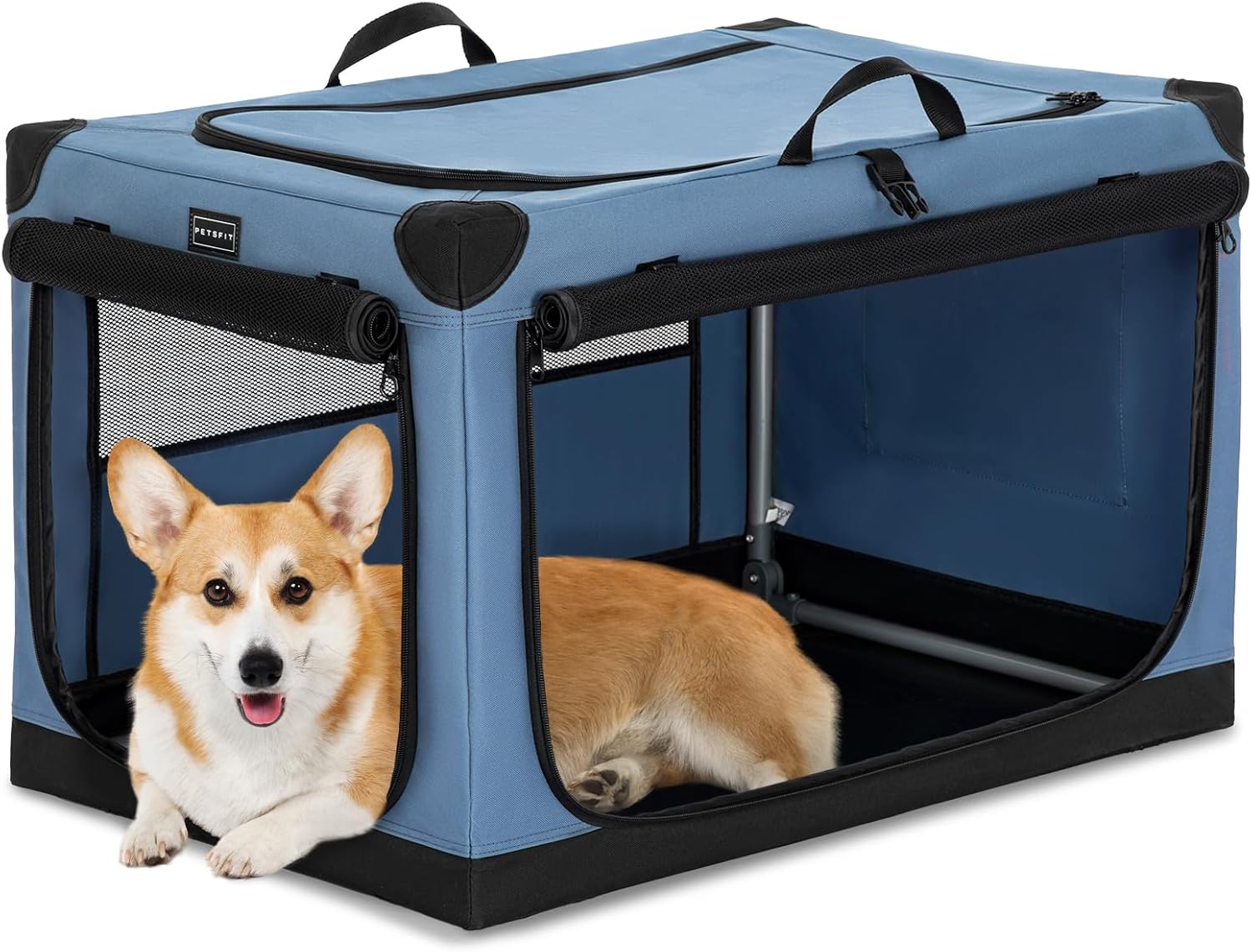 PETSFIT Soft Sided Dog Crate - 91L x 61W x 58H cm Lightweight, Easy Setup, Sturdy, Adjustable Framework with 3 Mesh Door, Collapsible Dog Kennel Blue