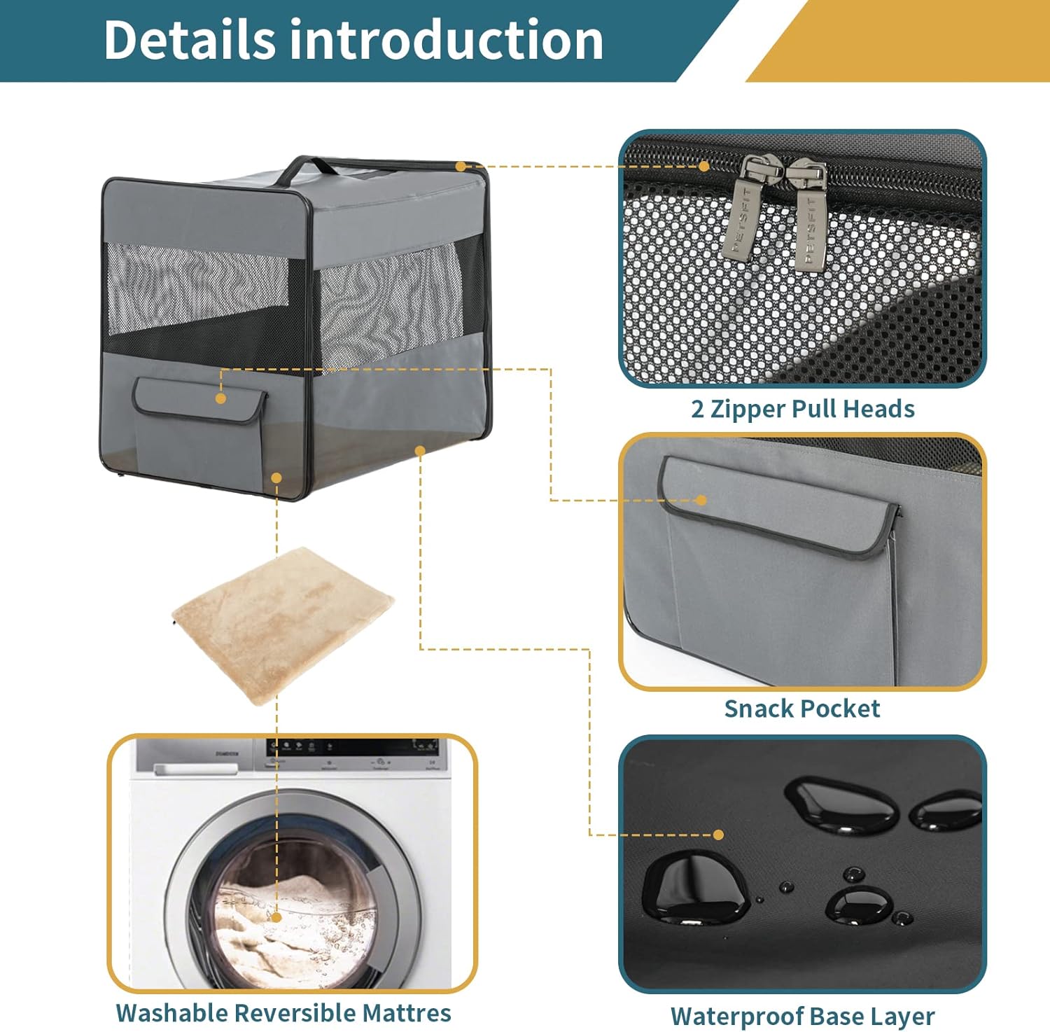 PETSFIT Collapsible Dog Crate, Soft Sided Dog Crate - 31 Inch with Thicken Mat, Easy to Fold, Sturdy and Portable, Perfect for Traveling, Dog Travel Crate Grey