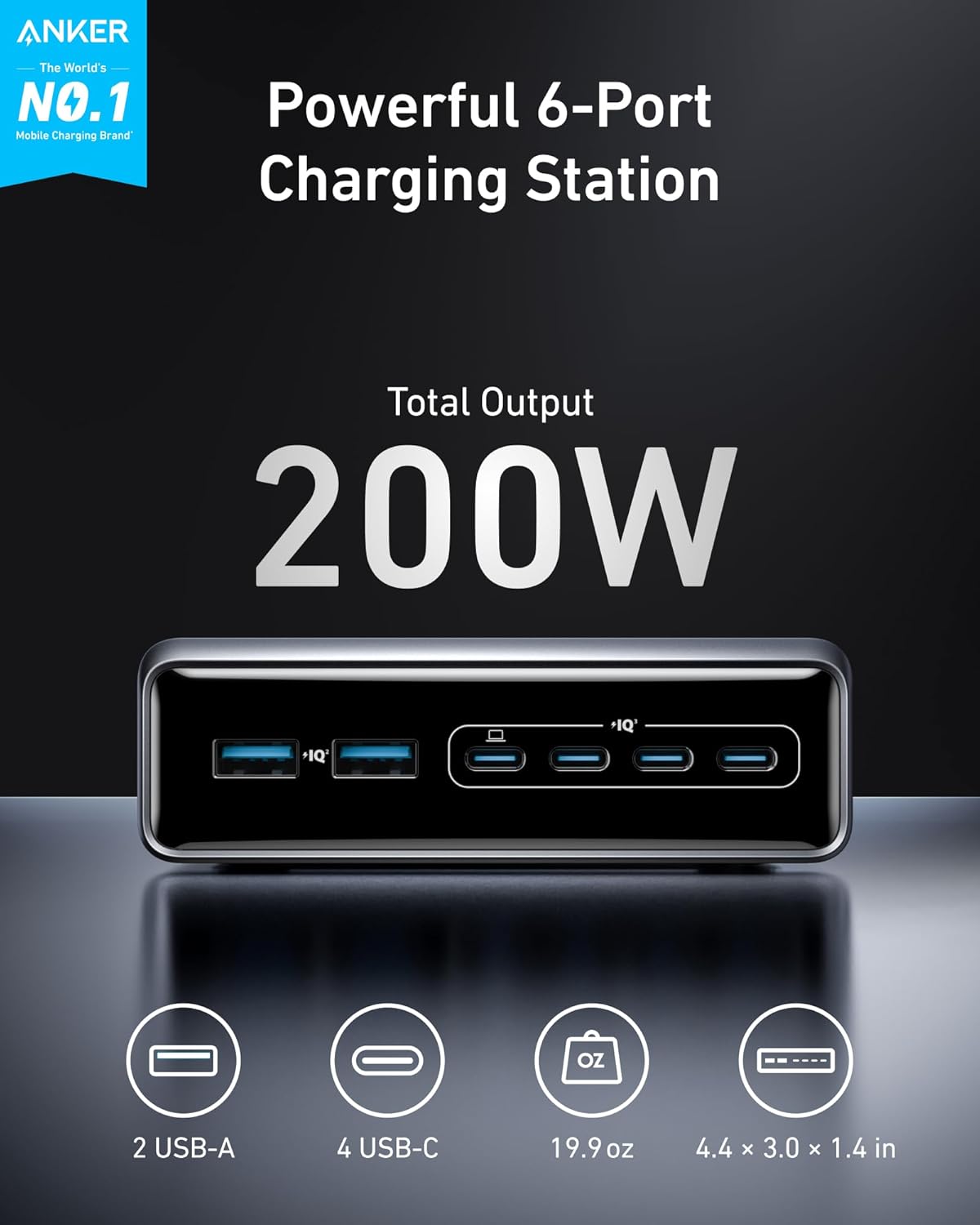 Anker Prime Charging Station, 200W 6-Port GaN Desktop Charger, Fast Charging USB C Charger for Multiple Devices, Compatible with iPhone, Galaxy, MacBook, Dell and More