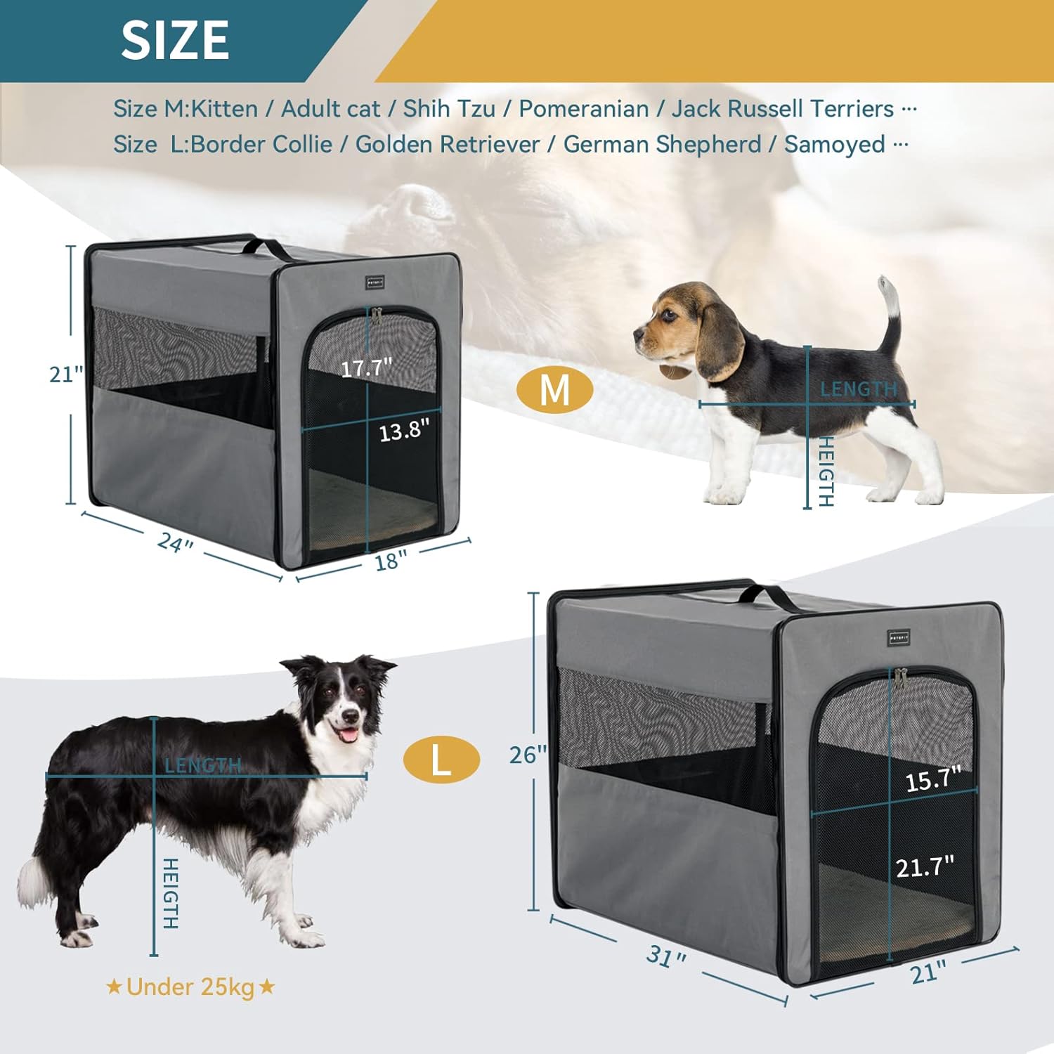 PETSFIT Collapsible Dog Crate, Soft Sided Dog Crate - 31 Inch with Thicken Mat, Easy to Fold, Sturdy and Portable, Perfect for Traveling, Dog Travel Crate Grey