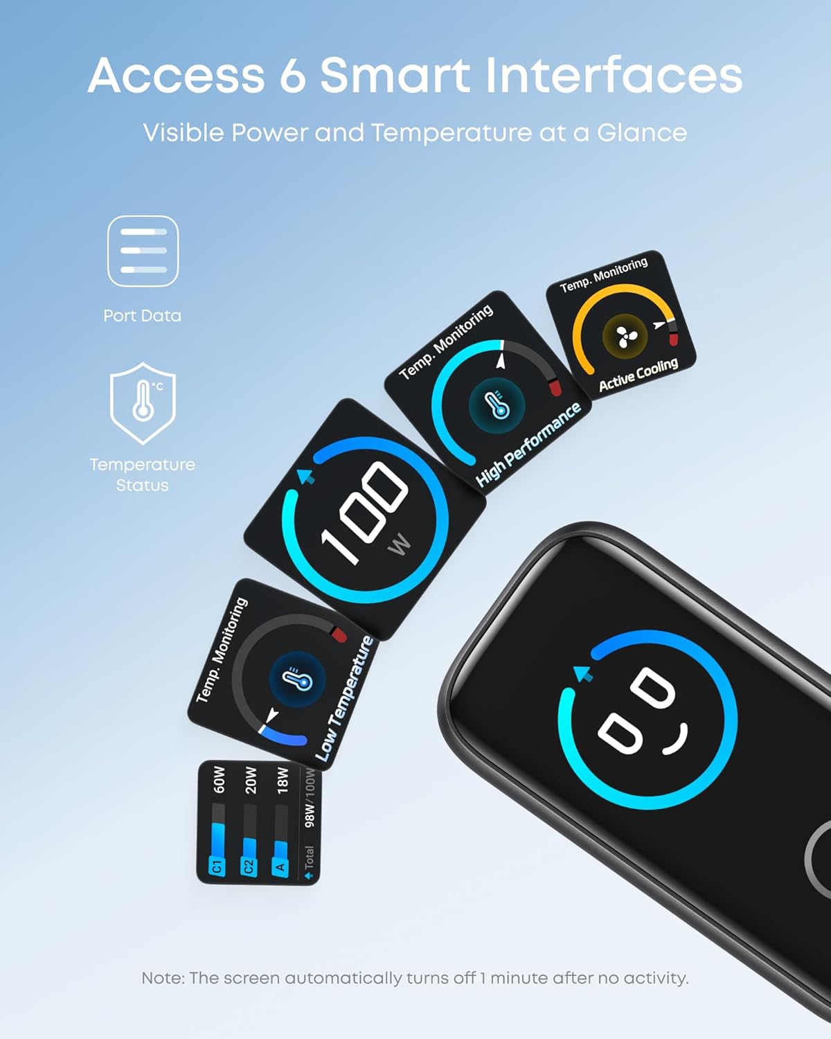 Anker Charger, 100W Max Ultra-Compact 3-Port GaN USB C Charger Block with Smart Display and Touch Control, Fast Wall Adapter for iPhone 17/16 Series, iPad, MacBook (Include Charge Cable, Non-Battery)