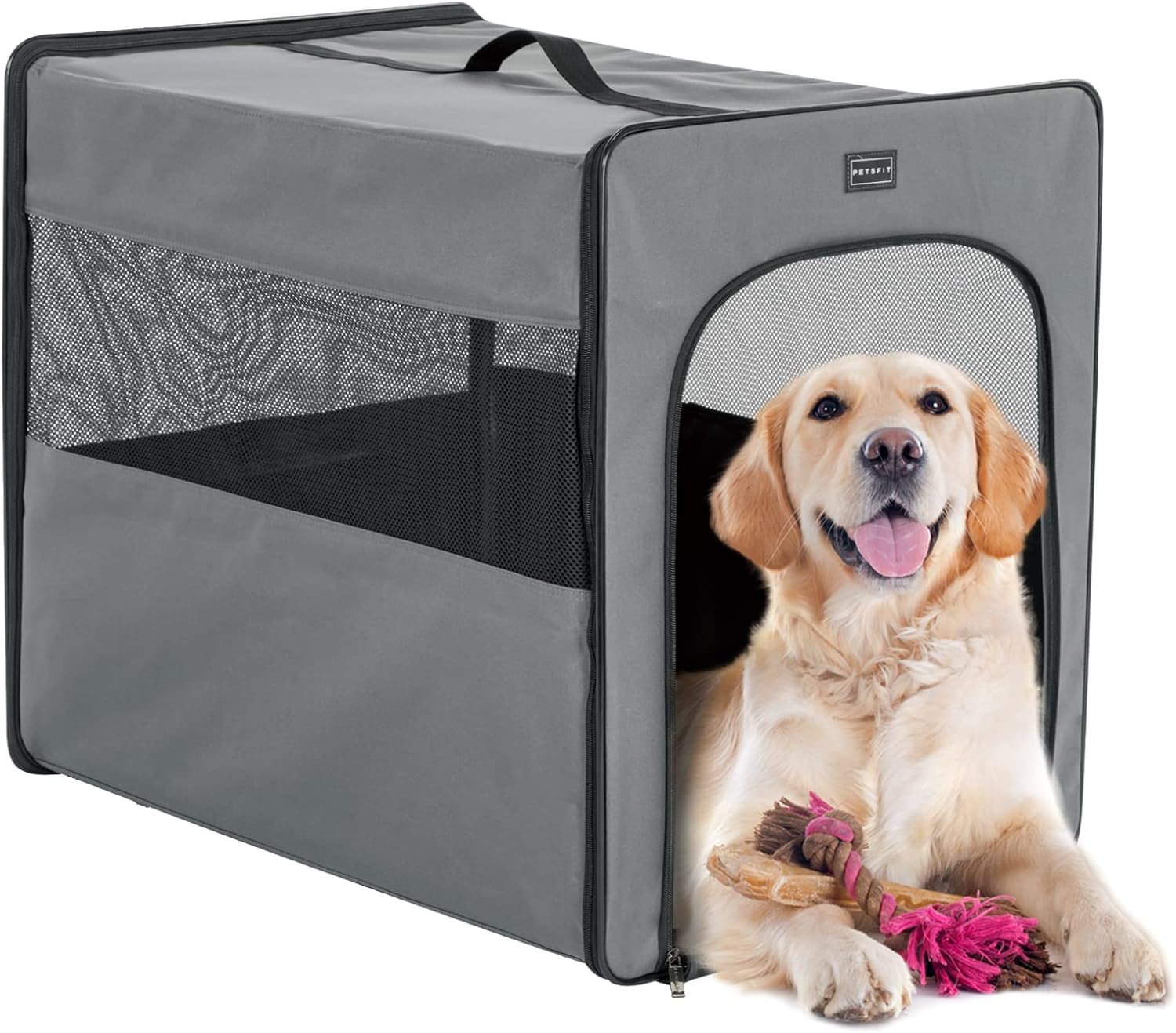 PETSFIT Collapsible Dog Crate, Soft Sided Dog Crate - 31 Inch with Thicken Mat, Easy to Fold, Sturdy and Portable, Perfect for Traveling, Dog Travel Crate Grey