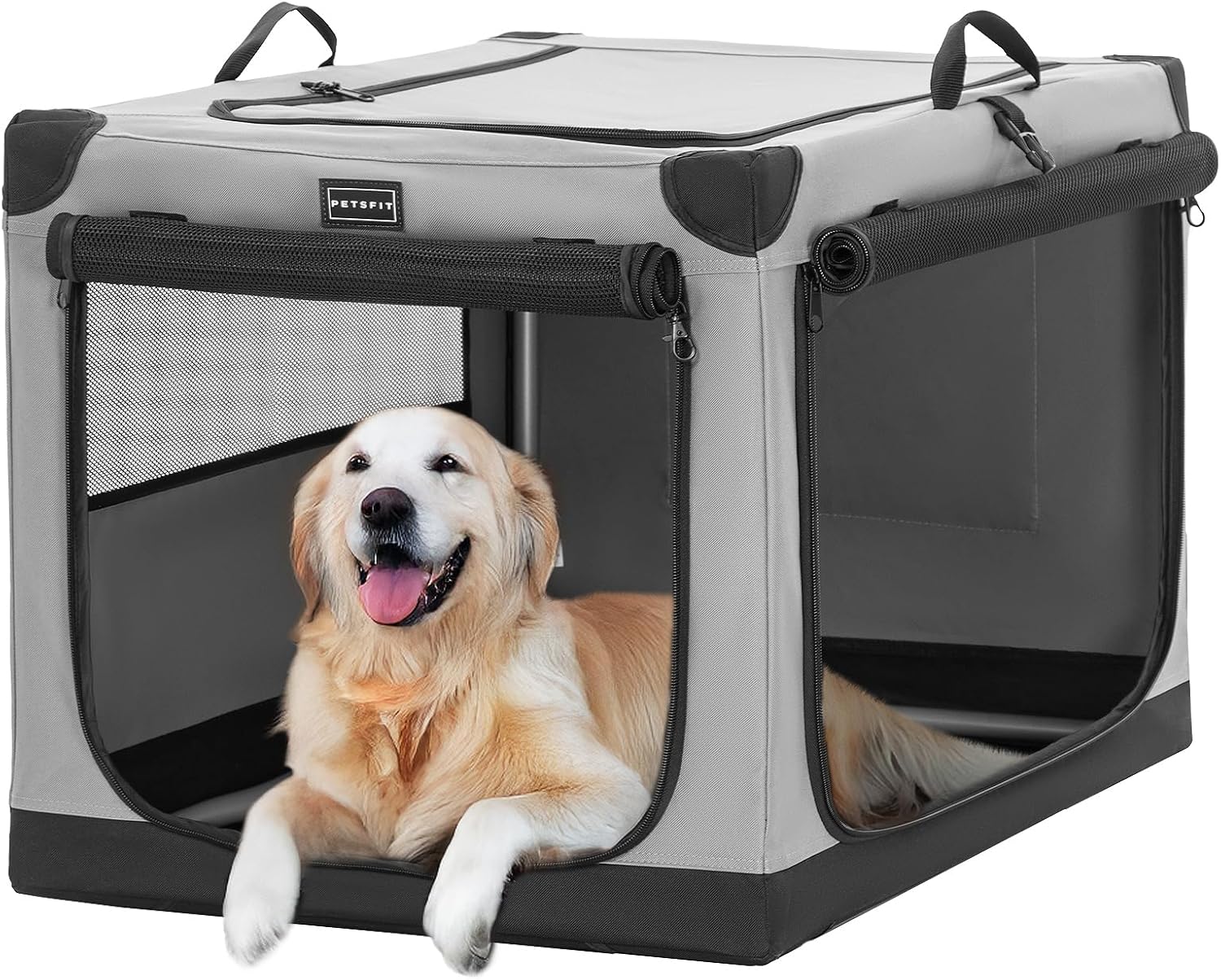 PETSFIT Soft Sided Dog Crate - 91L x 61W x 58H cm Lightweight, Easy Setup, Sturdy, Adjustable Framework with 3 Mesh Door, Collapsible Dog Kennel Blue