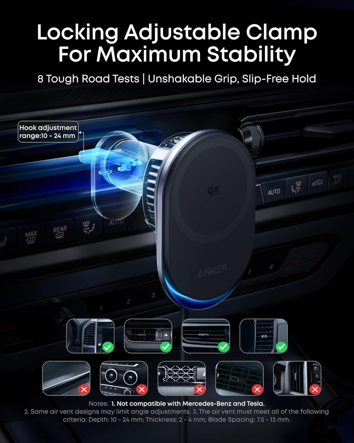 Anker Prime MagSafe Car Mount Charger, Qi2 25W Certified Wireless Car Charger with TEC Cooling, Strong Magnets, Air Vent Mount for iPhone 17-12 Series (Check Vent Compatibility, Includes 60W Adapter)