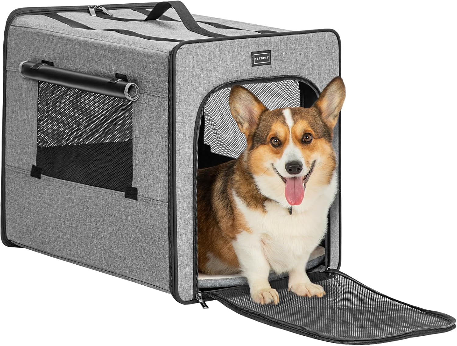 PETSFIT Collapsible Dog Crate, Soft Sided Dog Crate - 31 Inch with Thicken Mat, Easy to Fold, Sturdy and Portable, Perfect for Traveling, Dog Travel Crate Grey