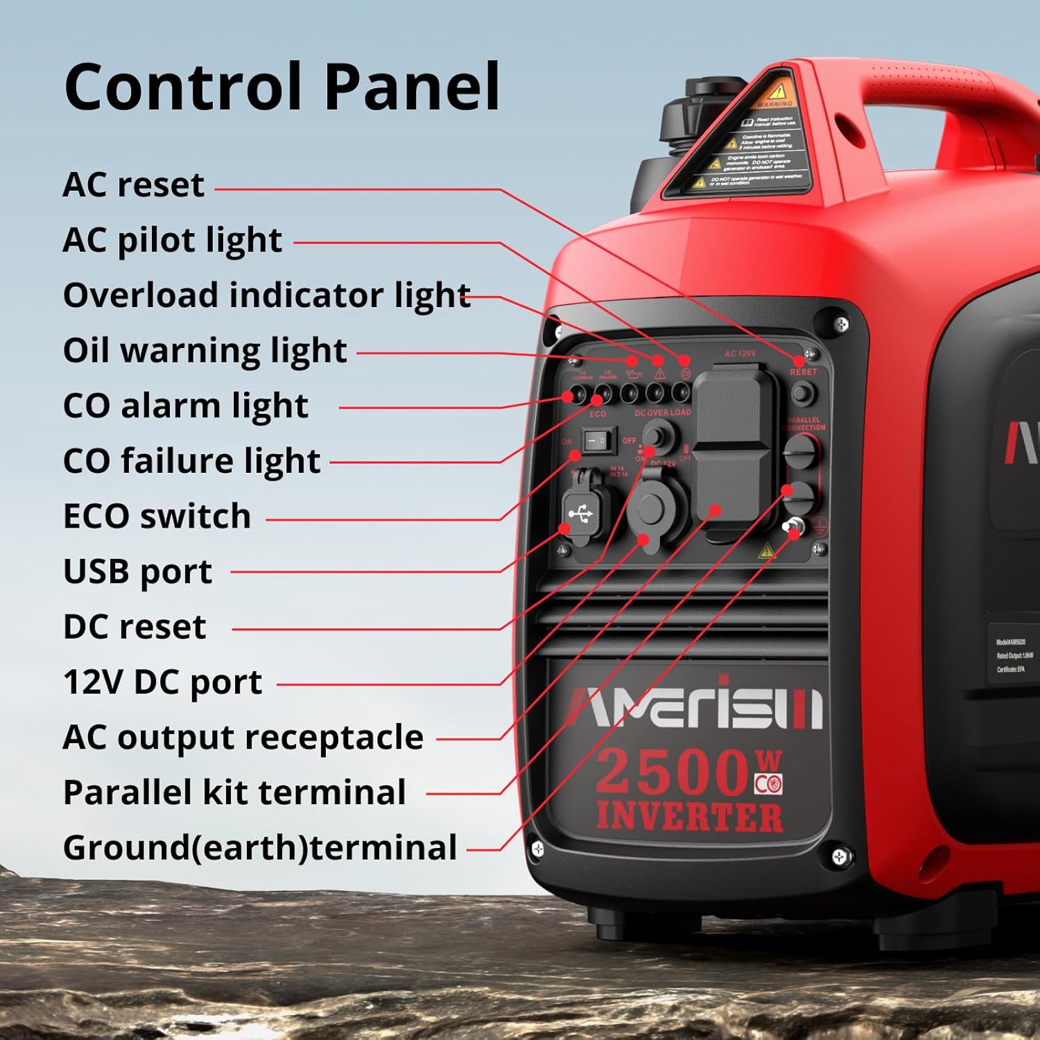 2500-Watt Gas Powered Portable Inverter Generator, CO Sensor, Super Quiet for Home Backup, Emergency, Camping, EPA Compliant