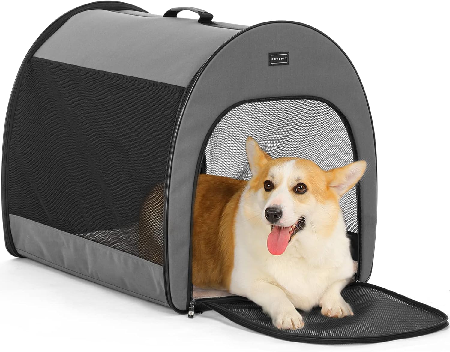 PETSFIT Collapsible Dog Crate, Soft Sided Dog Crate - 31 Inch with Thicken Mat, Easy to Fold, Sturdy and Portable, Perfect for Traveling, Dog Travel Crate Grey