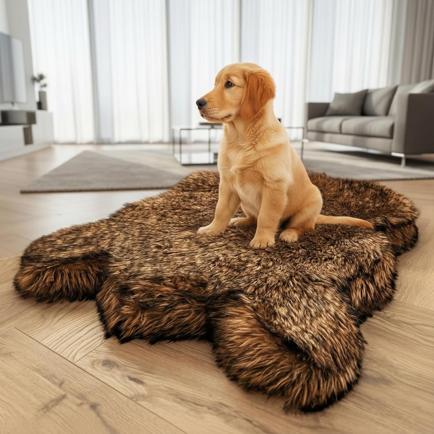 iHappyDog Luxury Faux Fur Orthopedic Dog Bed, Memory Foam Dog Bed for Small, Medium, Large and XL Pets, Fluffy Pet Rug with Waterproof & Washable Cover (Brown, Giant 60x35inch)