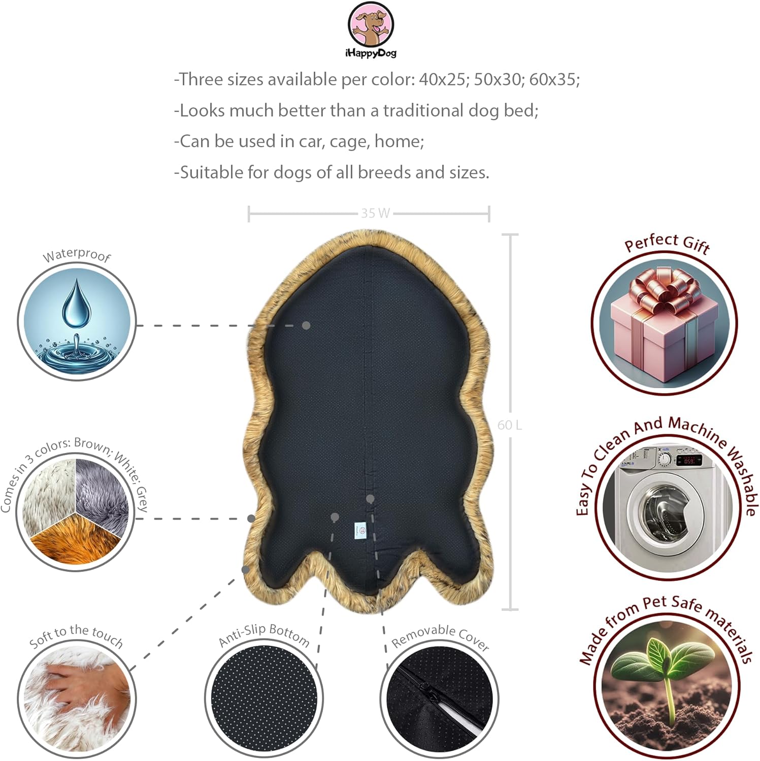 iHappyDog Luxury Faux Fur Orthopedic Dog Bed, Memory Foam Dog Bed for Small, Medium, Large and XL Pets, Fluffy Pet Rug with Waterproof & Washable Cover (Brown, Giant 60x35inch)