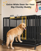 48'' Heavy Duty Dog Crate for Large Dogs, – Upgraded Chew-Proof Panels, Comfort-Widened Floor Panel, Dog Kennel Indoor, Adjustable Internal Height, Easy-Access Wide Door, 4 Lockable Wheels