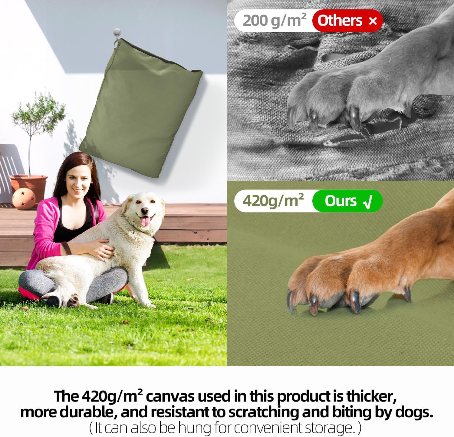 Sytopia 42-Inch Canvas Outdoor Indestructible Dog Bed for Extra Large Dogs– Heavy-Duty Waterproof, Chew-Proof & Washable, Removable Cover, Ideal for Crate, Patio, Indoor & Outdoor Adventures (Green)