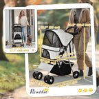 PawHut Dog Stroller, One-click Folding Pet Stroller with Cup Holder, 4 Wheels Travel Carrier w/Brakes, 360° Swiveling Front Wheels, Storage Basket, for XS/Small Dogs Cats, Grey