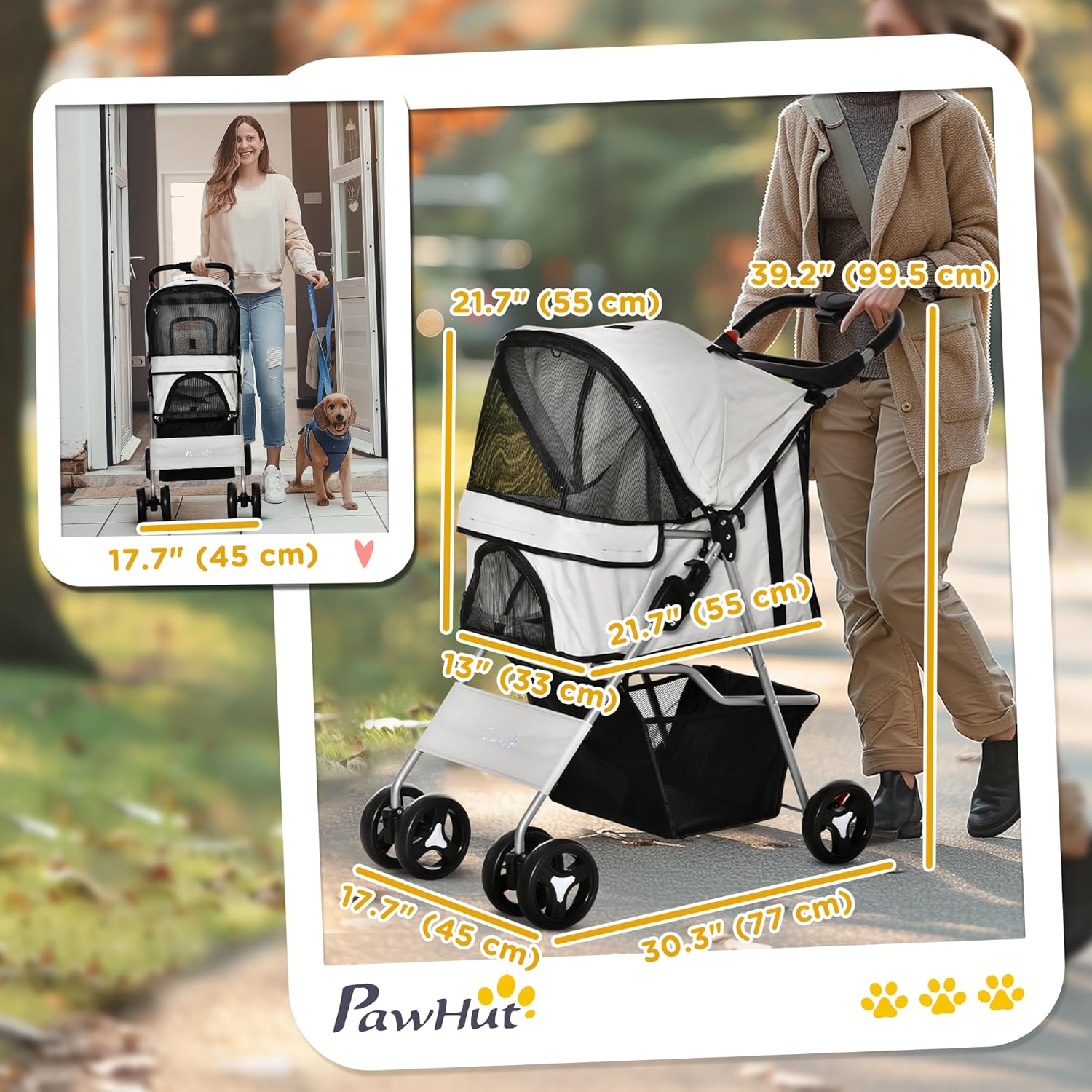 PawHut Dog Stroller, One-click Folding Pet Stroller with Cup Holder, 4 Wheels Travel Carrier w/Brakes, 360° Swiveling Front Wheels, Storage Basket, for XS/Small Dogs Cats, Grey