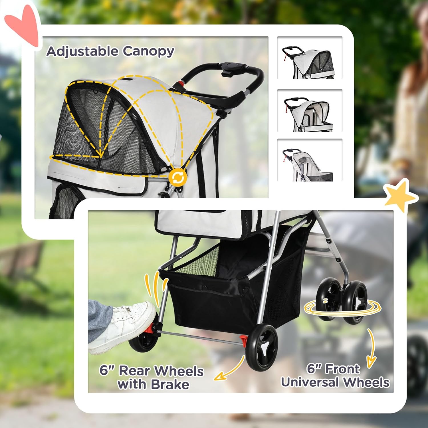 PawHut Dog Stroller, One-click Folding Pet Stroller with Cup Holder, 4 Wheels Travel Carrier w/Brakes, 360° Swiveling Front Wheels, Storage Basket, for XS/Small Dogs Cats, Grey