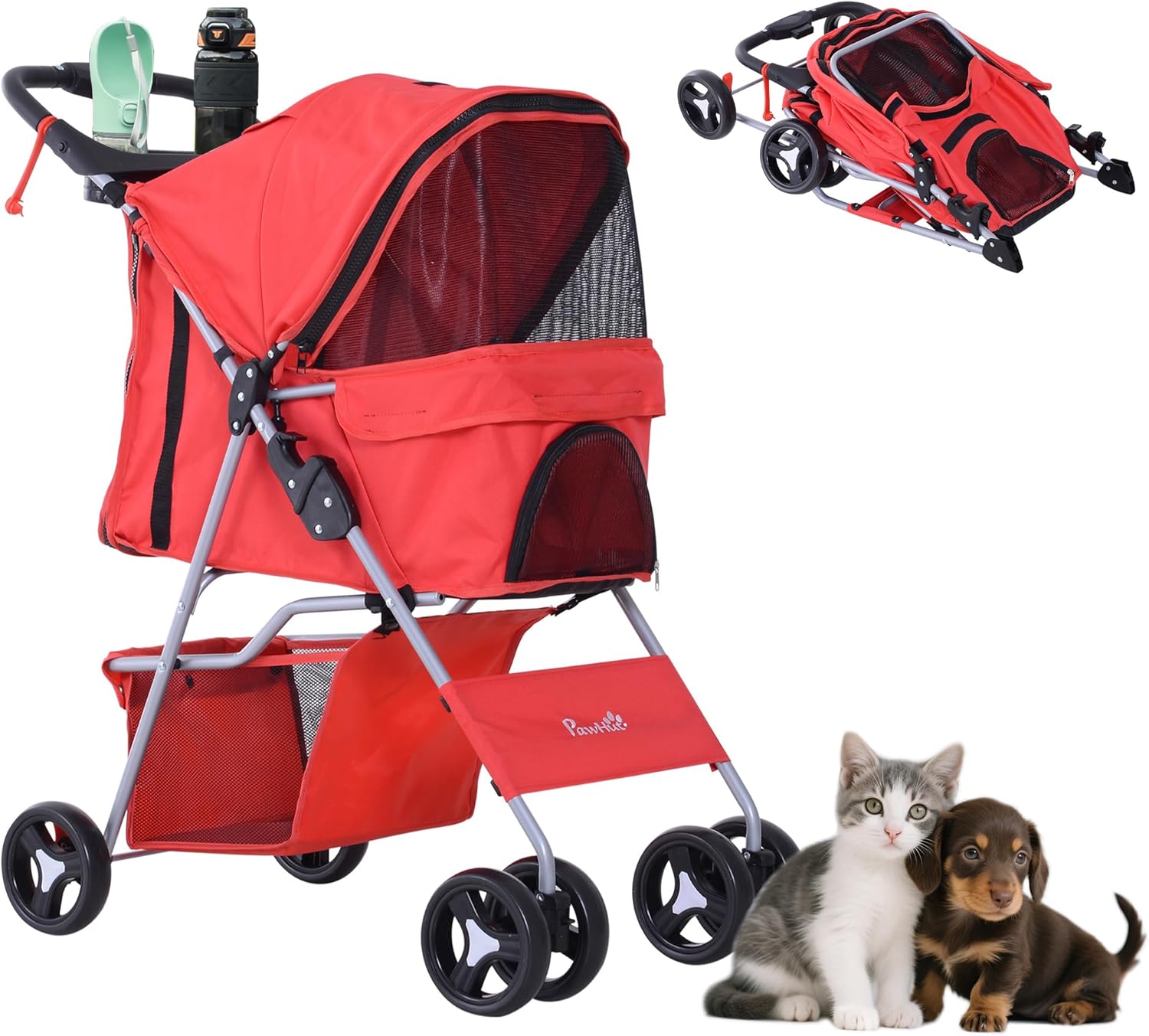 PawHut Dog Stroller, One-click Folding Pet Stroller with Cup Holder, 4 Wheels Travel Carrier w/Brakes, 360° Swiveling Front Wheels, Storage Basket, for XS/Small Dogs Cats, Grey