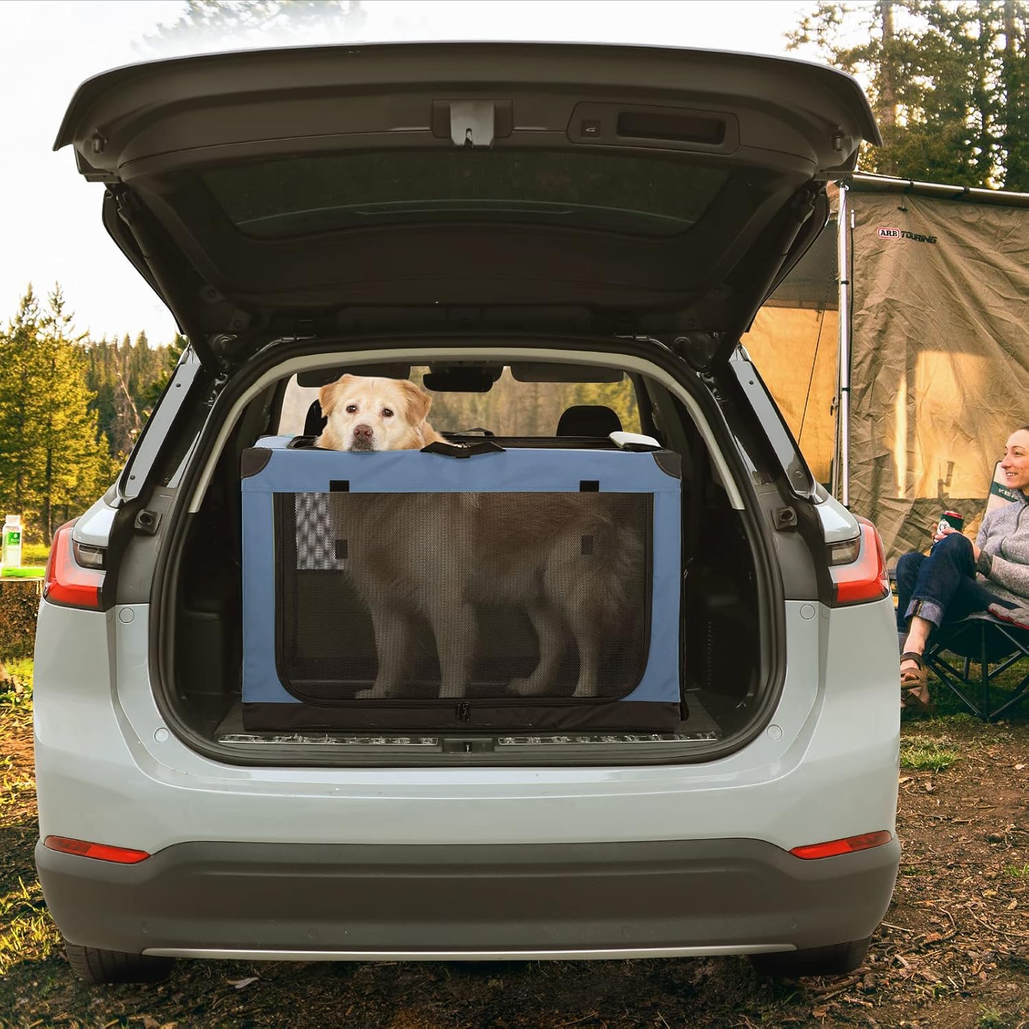 PETSFIT Soft Sided Dog Crate - 91L x 61W x 58H cm Lightweight, Easy Setup, Sturdy, Adjustable Framework with 3 Mesh Door, Collapsible Dog Kennel Blue