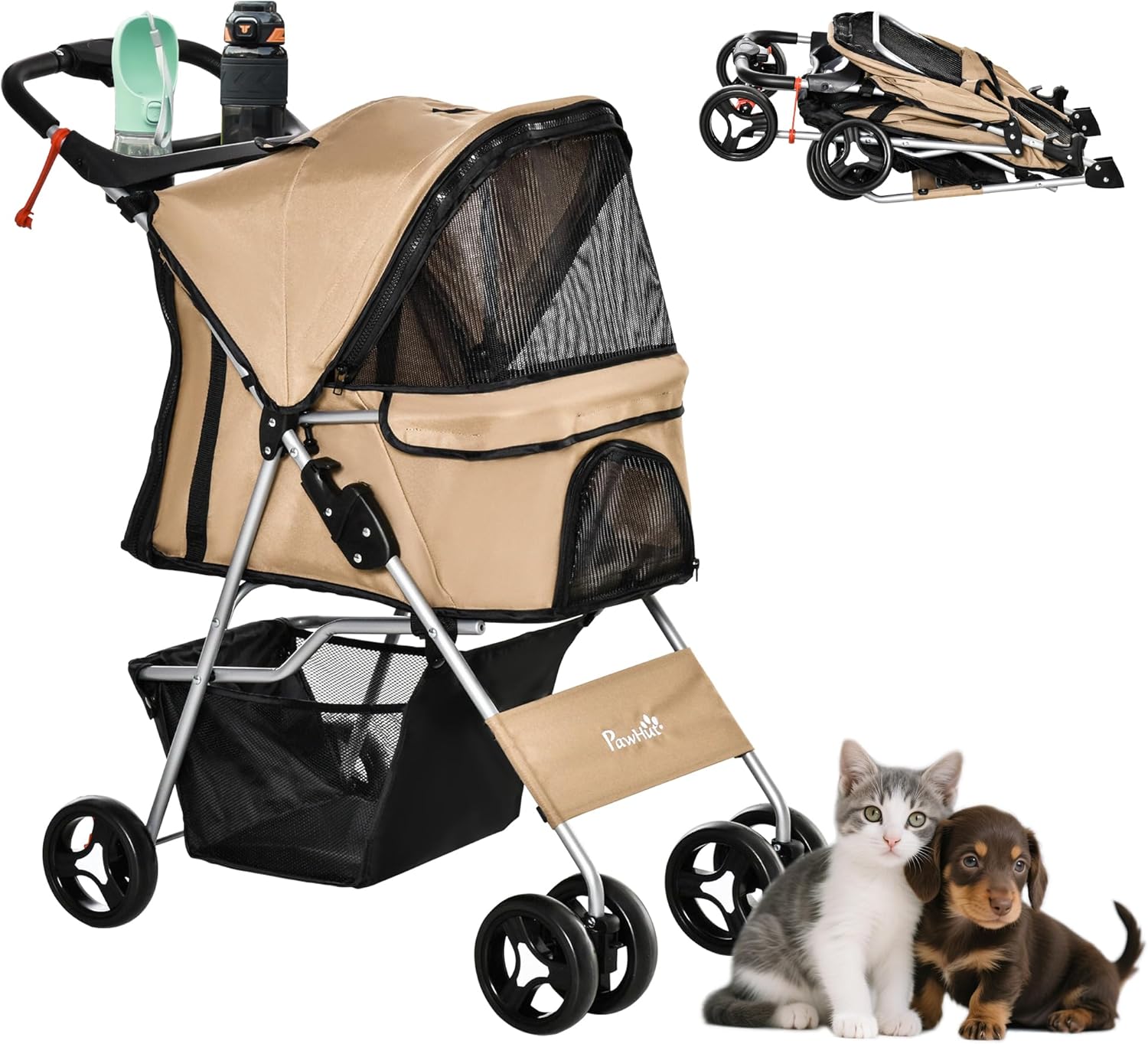 PawHut Dog Stroller, One-click Folding Pet Stroller with Cup Holder, 4 Wheels Travel Carrier w/Brakes, 360° Swiveling Front Wheels, Storage Basket, for XS/Small Dogs Cats, Grey