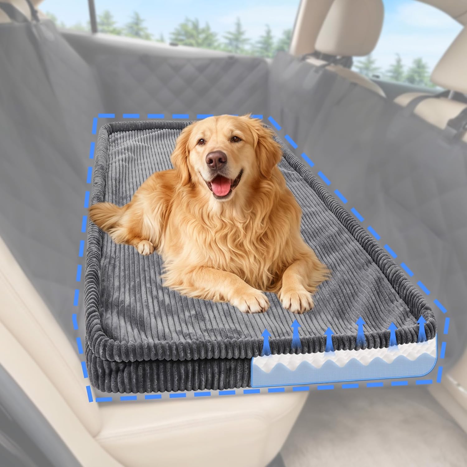 Dog Car Bed, Non-Slip Backseat Extender Pet Mat, Removable Washable Dog Bed for SUVs, Sedans & Trucks, Anti-Slip Travel Bed for Dogs, Easy Clean & Scratch-Proof & Comfort (Black, XL（56"Lx28.7"M×2"H))