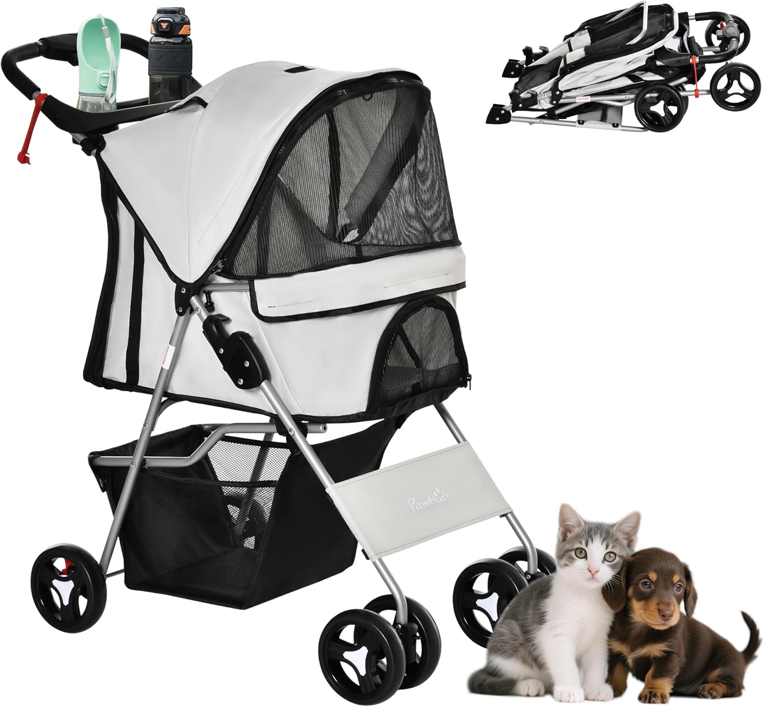 PawHut Dog Stroller, One-click Folding Pet Stroller with Cup Holder, 4 Wheels Travel Carrier w/Brakes, 360° Swiveling Front Wheels, Storage Basket, for XS/Small Dogs Cats, Grey