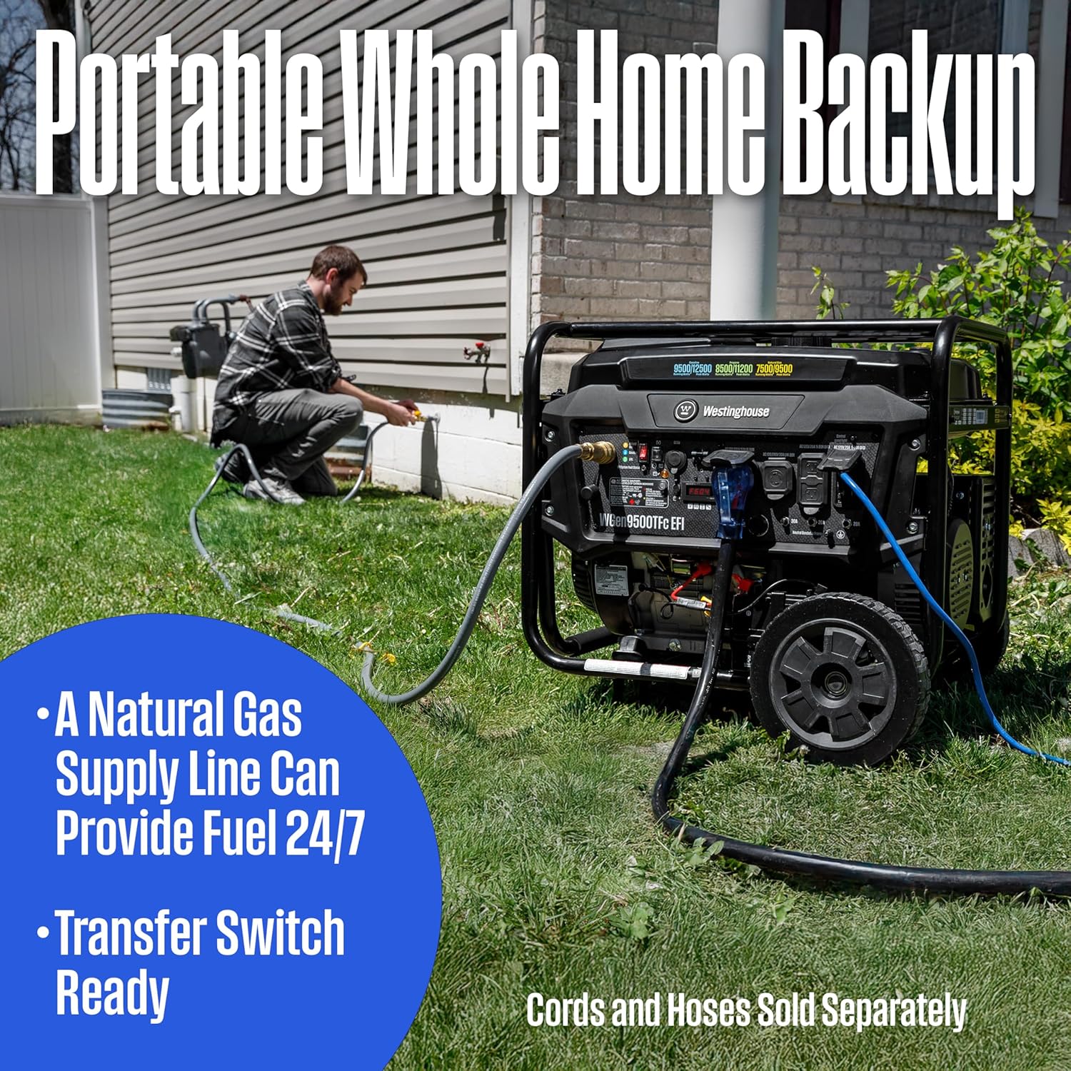 Westinghouse 12500 Peak Watt EFI Tri-Fuel Home Backup Portable Generator, Remote Electric Start, Transfer Switch Ready, Gas, Propane, and Natural Gas Powered, CARB Compliant