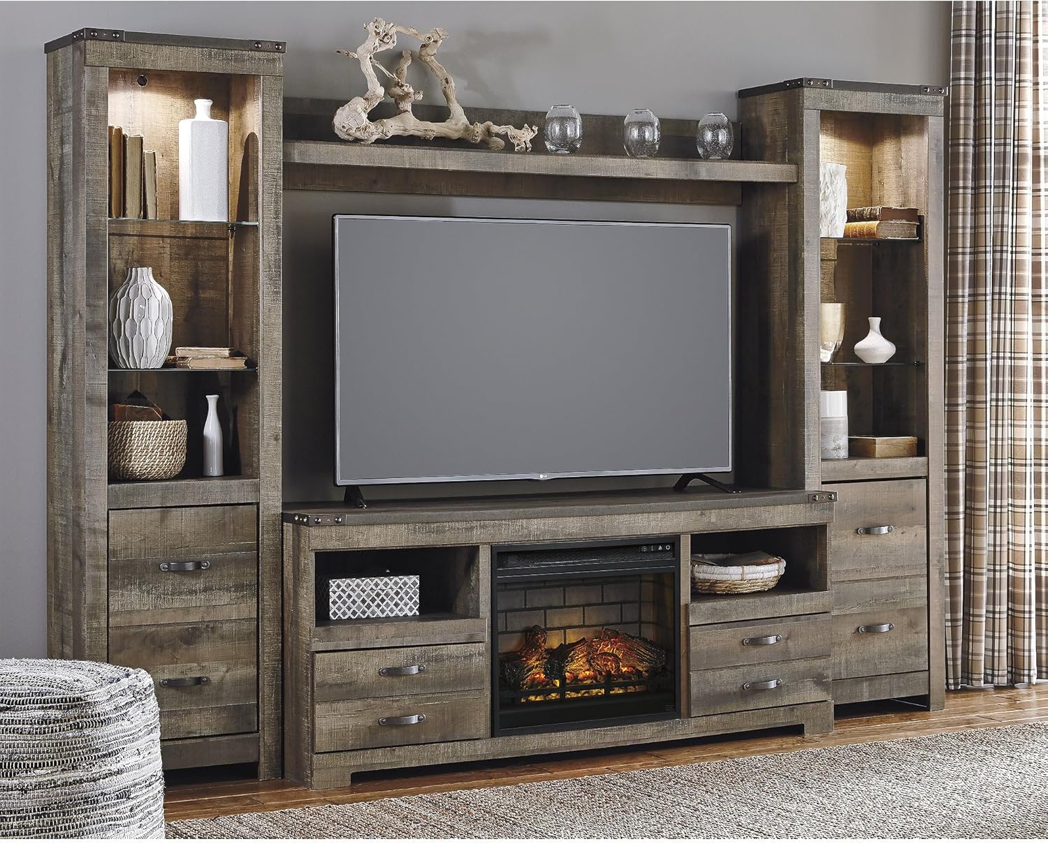 Signature Design by Ashley Entertainment Accessories Urban 4-Piece Entertainment Center for TVs up to 72" with Electric Fireplace and LED Lights, Dark Brown