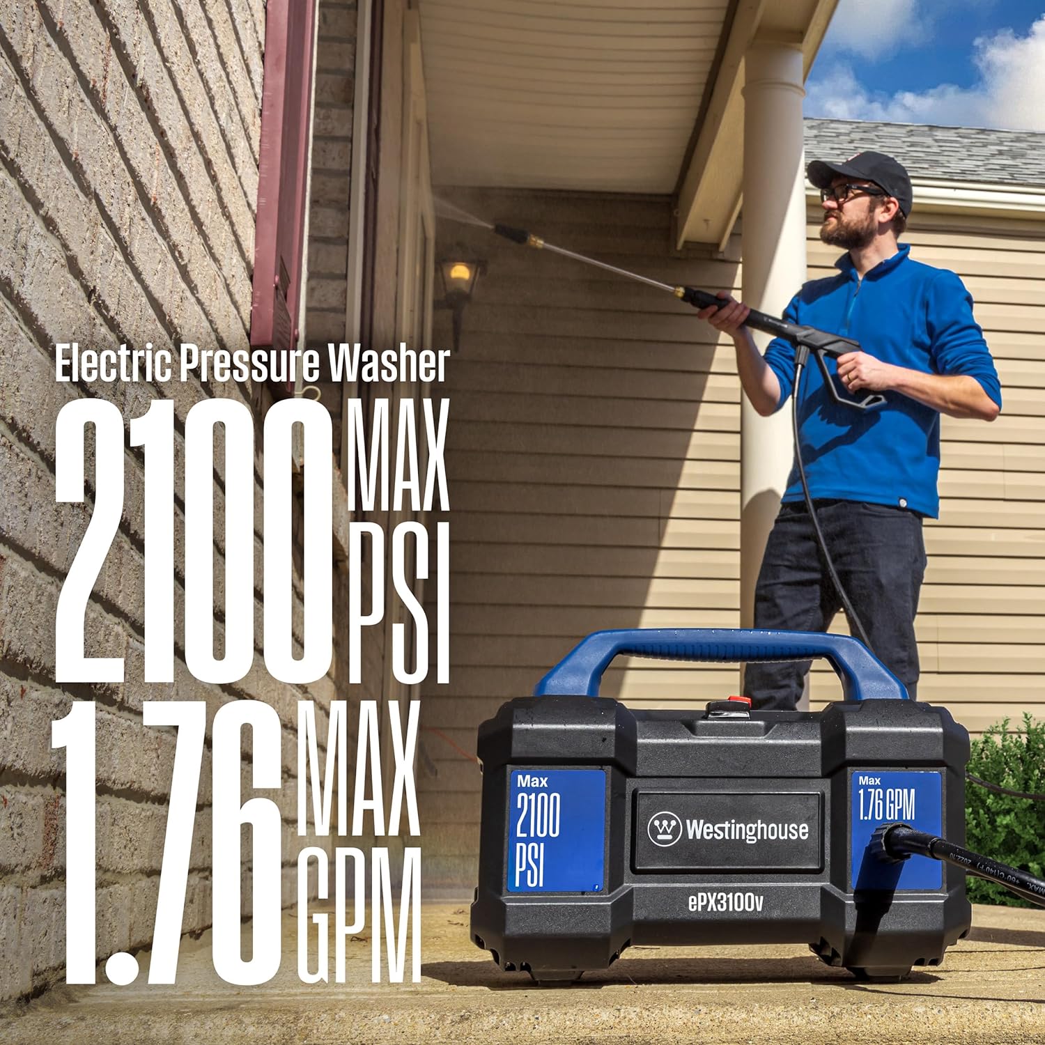 Westinghouse ePX3100v Electric Pressure Washer, 2100 Max PSI 1.76 Max GPM, Built-in Carry Handle, Detachable Foam Cannon, Pro-Style Steel Wand, 3-Nozzle Set, for Cars/Fences/Driveways/Home/Patios