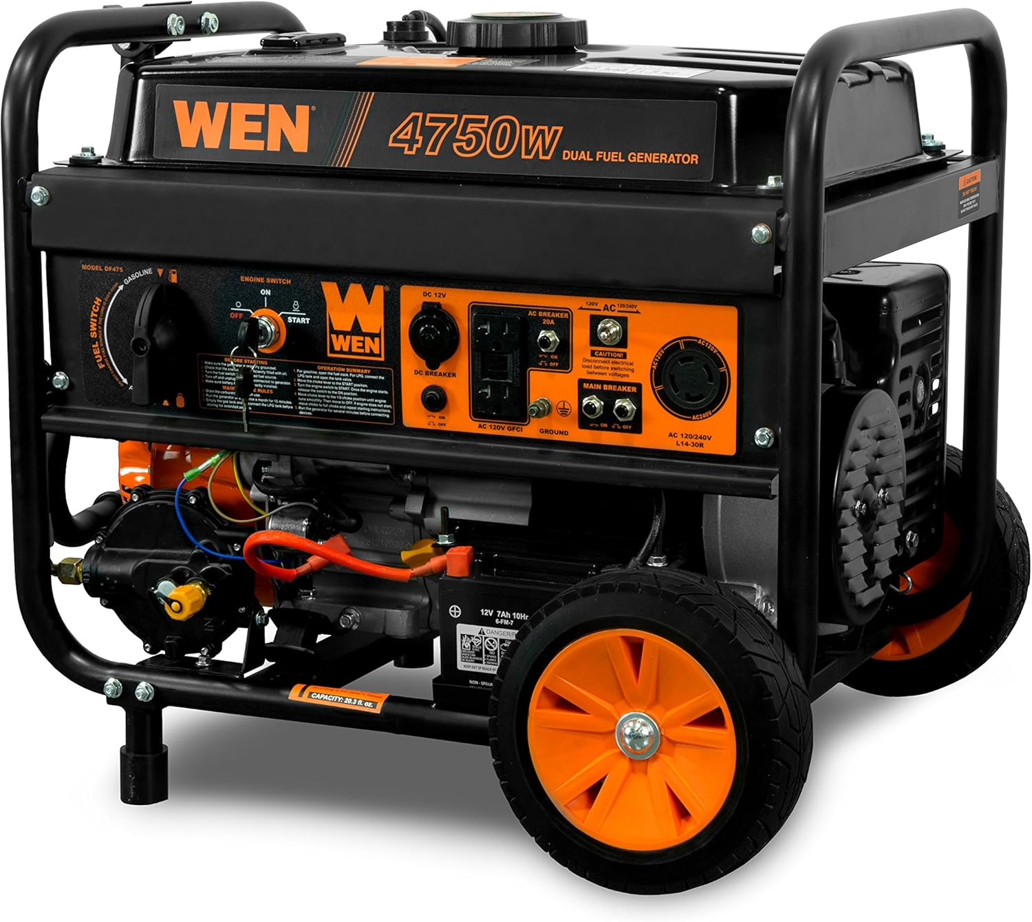 WEN 4,750-Watt 120V/240V Dual Fuel Portable Generator with Wheel Kit and Electric Start (DF475T)